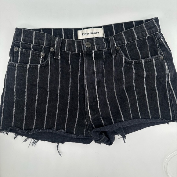 Reformation Pants - Reformation Dixie high waist button fly Black stripe Cutoff Denim Shorts size 29